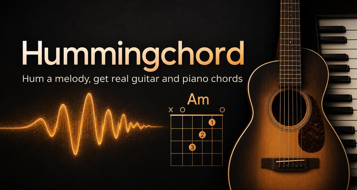 Hummingchord artwork: a glowing sound wave, an Am guitar chord diagram, an acoustic guitar and piano keys